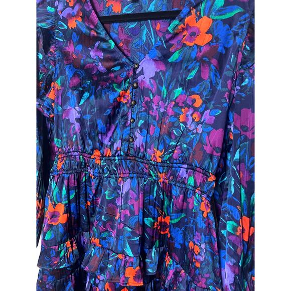 The Pioneer Woman Blue Long Sleeve Boho Floral Flounce Mini Dress Size Small - Picture 2 of 8